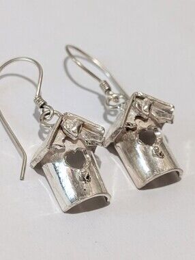 Darling Sterling Silver 3D Birdhouse 1.25" Dangle Earrings Signed NSM